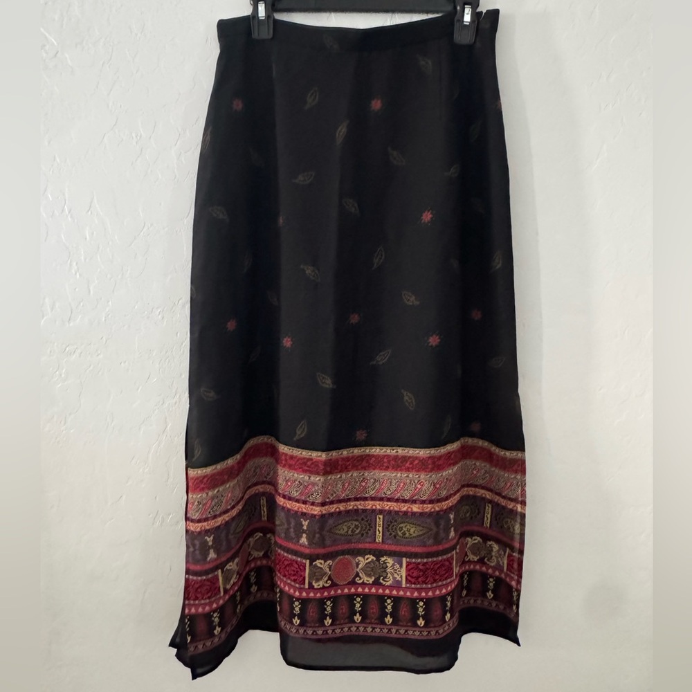 First Issue by Liz Claiborne 14P Black Boho Midi Skirt Paisley Border‎ Print VTG